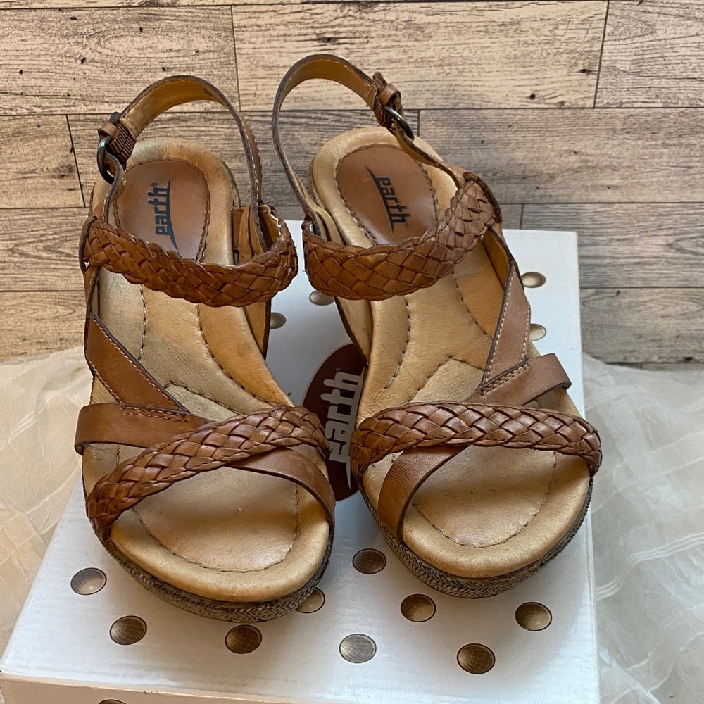 Earth Women's Brown Braided Wedge Sandals 7.0 Alpaca Calf Leather
